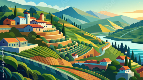 Beautiful countryside landscape with terraced vineyards and a river during sunrise