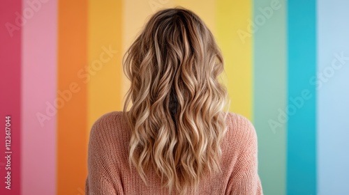 A woman with long wavy hair stands against a vibrant rainbow-colored wall, depicting themes of individuality, diversity, and creative self-expression in modern art. photo