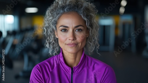 A vibrant mature female with gray curly hair stands confidently at a gym dressed in bright purple attire, surrounded by exercise equipment, radiating fitness. photo