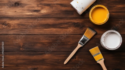 A wooden table with two open paint cans, one yellow and one white, and two paintbrushes lays arranged neatly, suggesting creativity and home improvement projects. photo