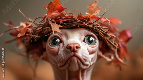 A hairless cat is elegantly adorned with a crown fashioned out of autumn leaves, exuding a sense of grace and uniqueness in its poised and thoughtful demeanor. photo