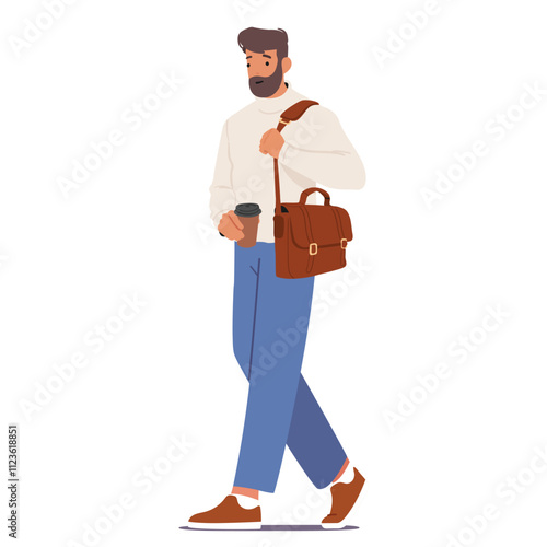 Office worker cartoon character carrying bag drinking coffee or tea beverage going to work