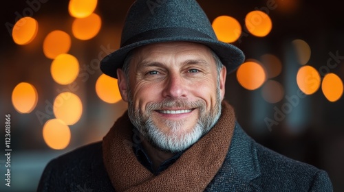 A man wearing a gray hat and brown scarf, smiling warmly against a background of blurred bokeh lights, creating a cozy and welcoming atmosphere. photo