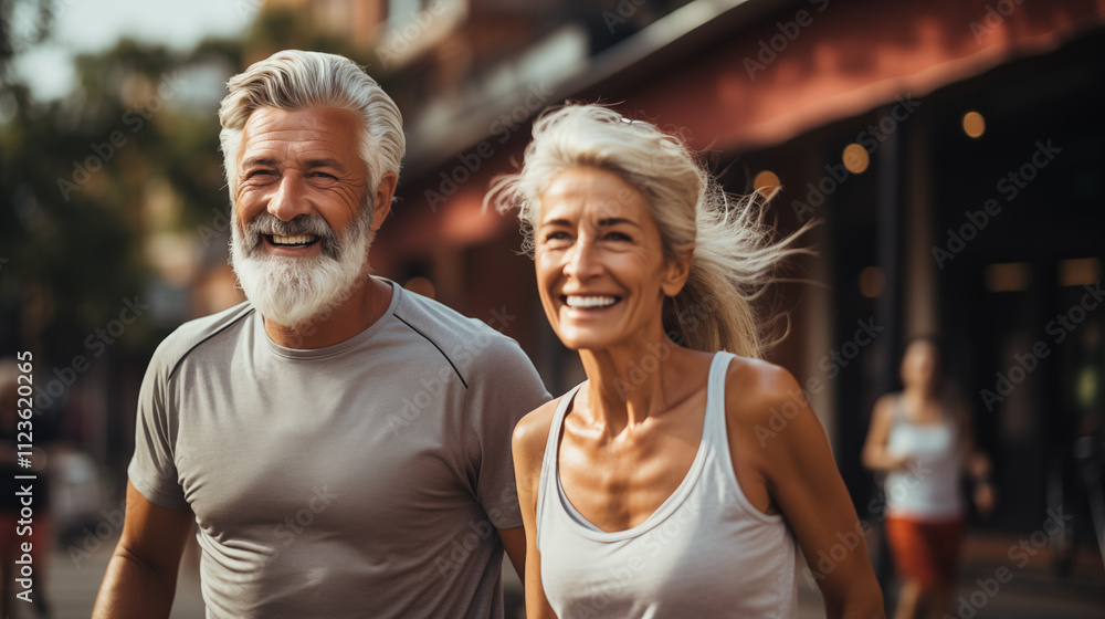 Sporty elderly couple in the park on the sports ground. Beautiful woman and man doing sports exercises. Healthy lifestyle concept Sporty elderly couple in the park on the sports ground. Beautiful woman and man doing sports exercises. Healthy lifestyle concept