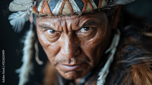 A man with weathered features and an adorned, feathered headdress looks ahead with calm yet fierce determination, embodying quiet strength and resilience. photo