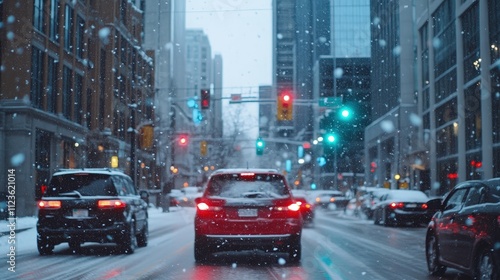 Snowy city street scene with cars driving through falling snow.