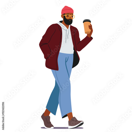 Trendy fashion bearded guy cartoon character drinking coffee walking isolated on white background
