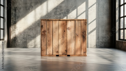 A wooden crate is centered in an industrial space, with shadows casting across the floor, highlighting a juxtaposition between natural materials and urban architecture. photo