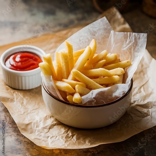 french fries with ketchup and mustard photo