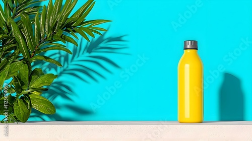 Tropical Hydration: A vibrant yellow water bottle stands tall against a refreshing turquoise backdrop, adorned with lush green palm leaves casting a cool shadow.  