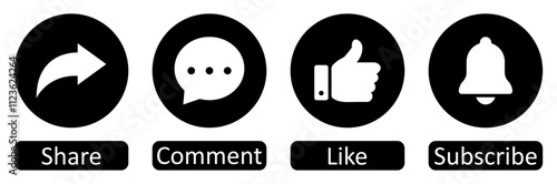 Like, Share, comment and subscribe icons buttons. Like icon, thumb up icon, subscribe icon, comment icon, repost and share icon button. Social media notification vector icon set. Vector illustration.