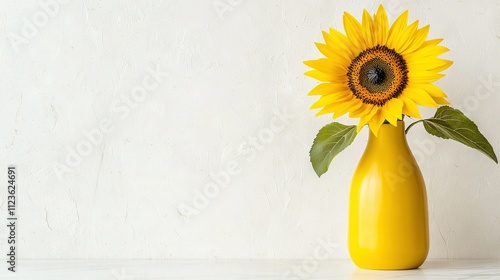  White wall, large sunflower, yellow vase, white surface