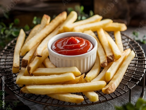 french fries with ketchup and mustard photo