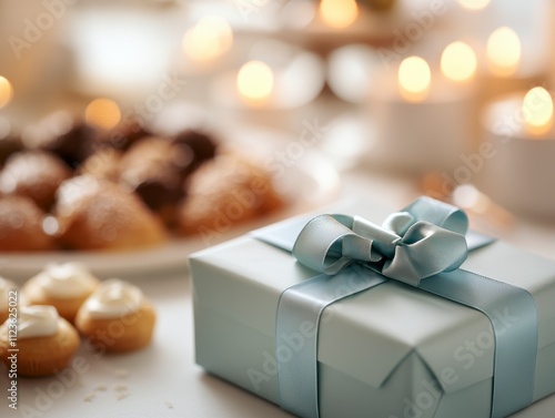 Cozy Hanukkah Gift Exchange in Candlelight with Blue Ribbon Box, Traditional Treats, and Glowing Decor photo