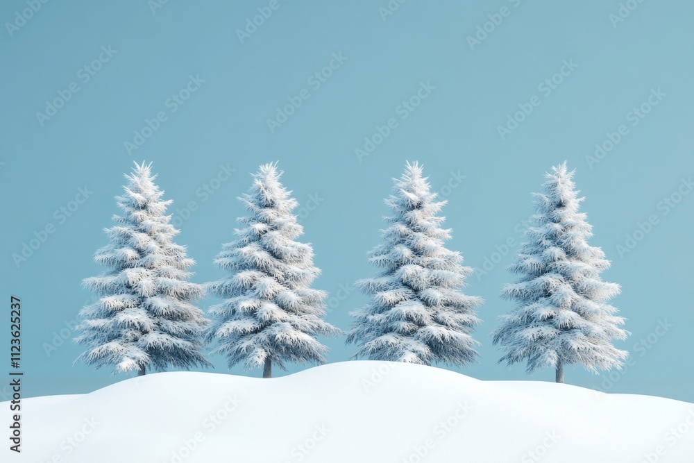 Obraz premium A trio of snowy pine trees on a white drift set against a simple blue backdrop in 3d render