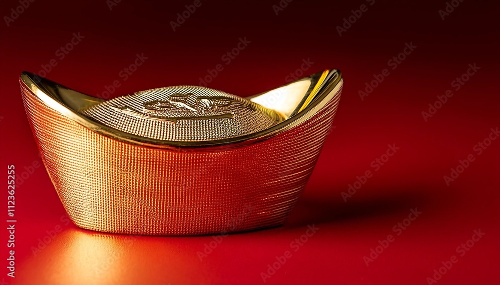 Fototapeta premium a single decorative gold ingot reflecting light, placed on a red background, Chinese New Year Theme