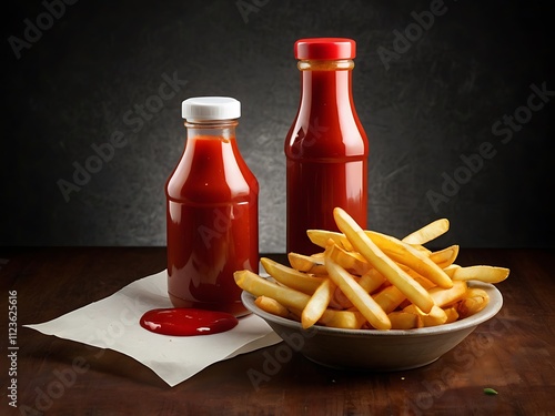 french fries with ketchup and mustard photo