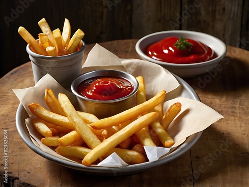 french fries with ketchup and mustard photo