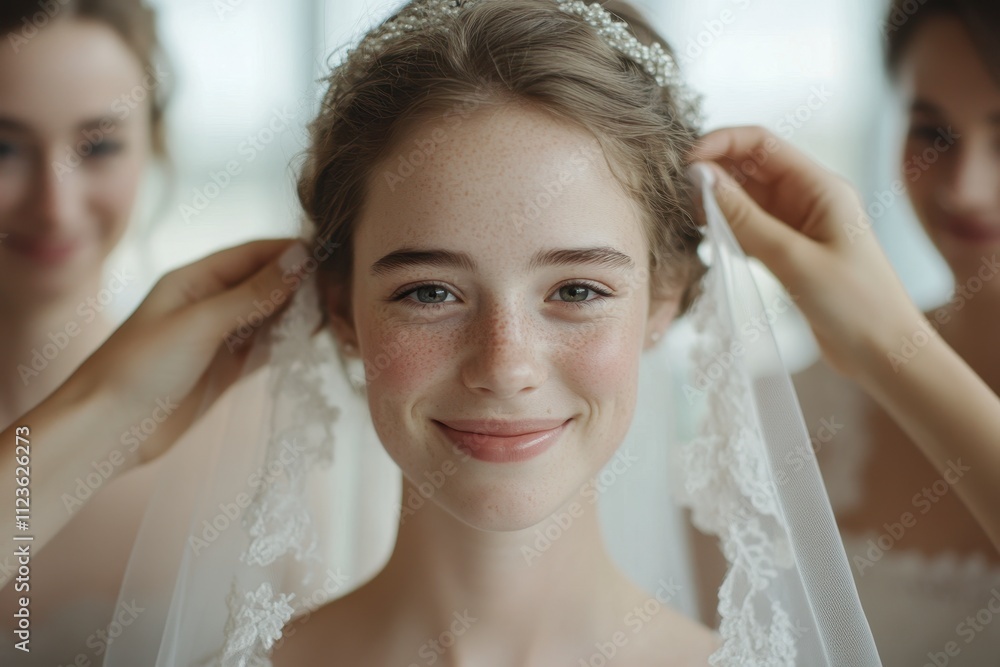Naklejka premium Joyful Bridesmaids Assisting Bride Trying on Veils in Elegant Bridal Boutique with Floor-to-Ceiling Windows - Wedding Dress Shopping Experience