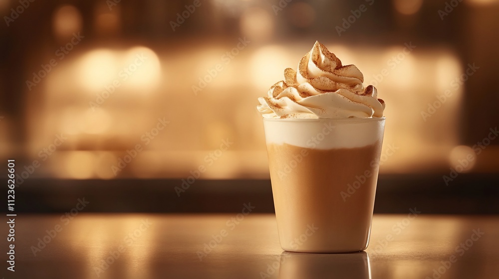 Creamy coffee drink in a glass with whipped cream on a table. Creamy coffee drink in a glass with whipped cream on a table.