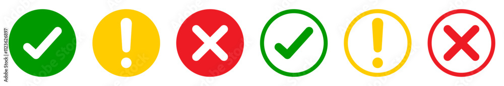 Set of round check mark, exclamation point, x mark icons isolated. Check mark, exclamation point, cross mark icons set with green, yellow and red color. Flat and outline style. Vector illustration.