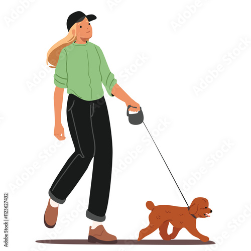 Trendy fashion young woman cartoon pet owner character walking dog on leash isolated on white