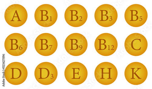 Set of multi vitamin complex vector icons. Multivitamin supplement. Healthy life concept.  Essential vitamins table vector illustration.