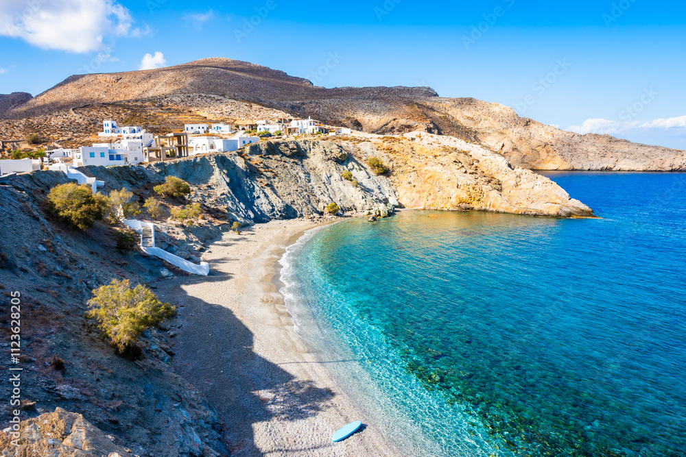 View of Vardia beach in Karavostasis port, Folegandros island, Cyclades, Greece View of Vardia beach in Karavostasis port, Folegandros island, Cyclades, Greece