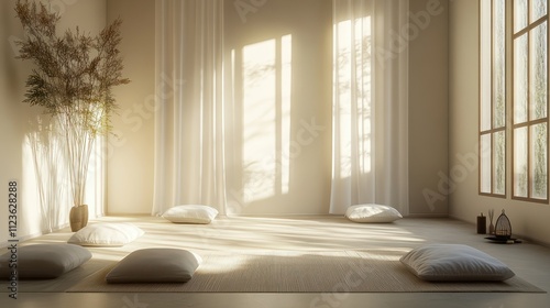 Calm meditation room with minimal relaxing decor, no furniture and a large window filling the space with natural lighting