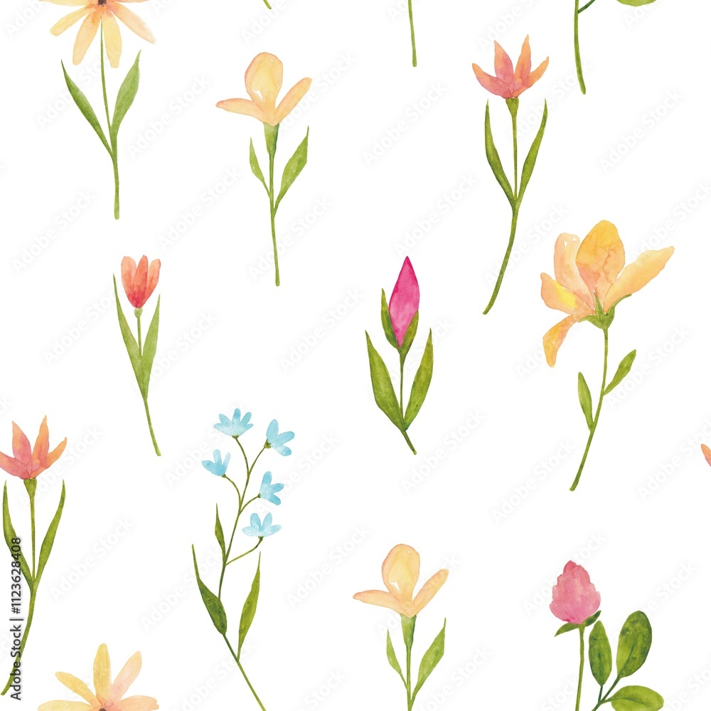 Obraz premium watercolor pattern with forest and wildflowers. Simple style, suitable for children's clothes, postcards, wallpaper