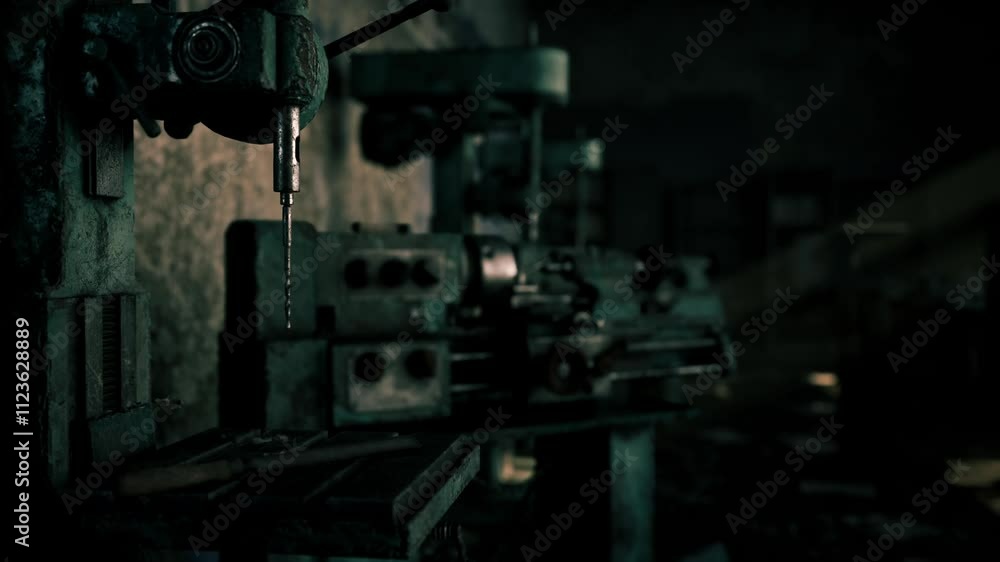 An old machine rests under low light in a workshop. Tools and equipment are scattered around, creating a mysterious yet industrial atmosphere at night. An old machine rests under low light in a workshop. Tools and equipment are scattered around, creating a mysterious yet industrial atmosphere at night.