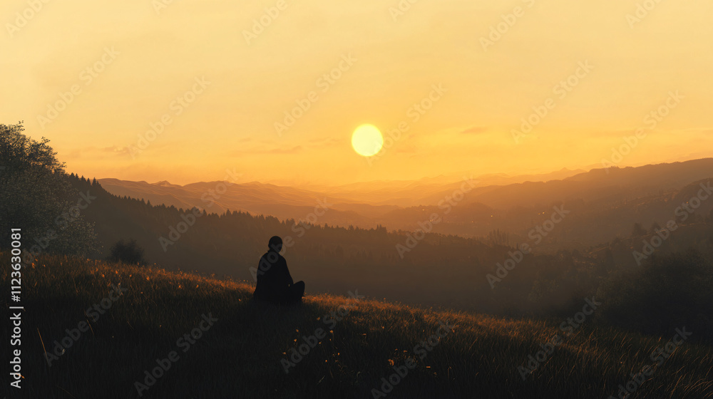Fototapeta premium A lone person on a rolling hill, immersed in quiet thought, watching the sun set over the vast valley.