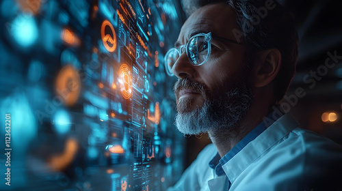 Wallpaper Mural scientist, lab coat, safety goggles, bearded man, holographic display, futuristic laboratory, blue glow, data visualization, intense focus, high-tech environment, digital interface, scientific researc Torontodigital.ca