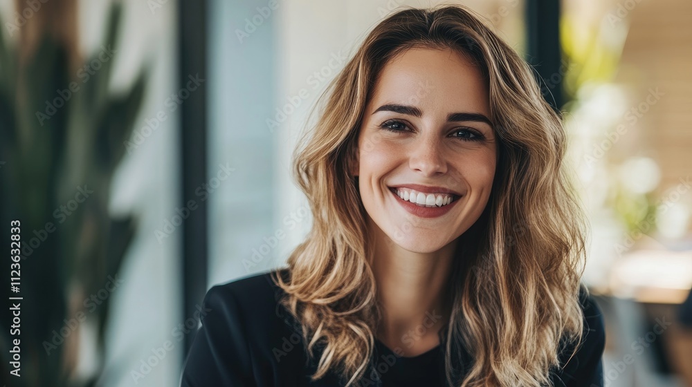 Close-up portrait of a smiling young woman with long blonde hair. Close-up portrait of a smiling young woman with long blonde hair.