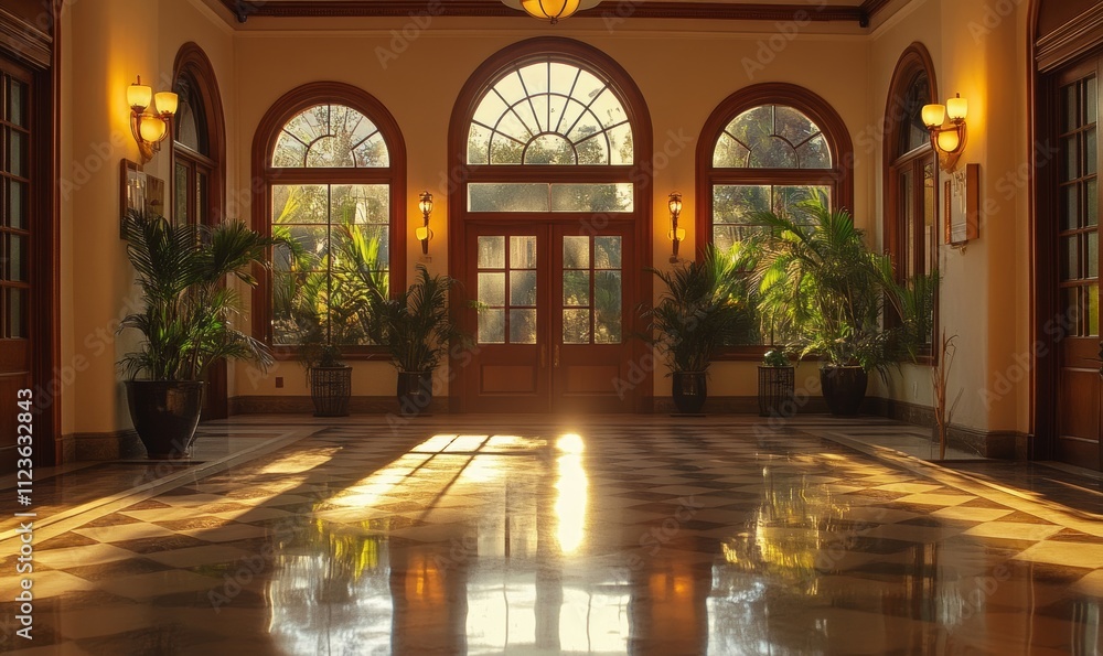 Obraz premium Serene Hall Lit by Soft Evening Light, Generative AI