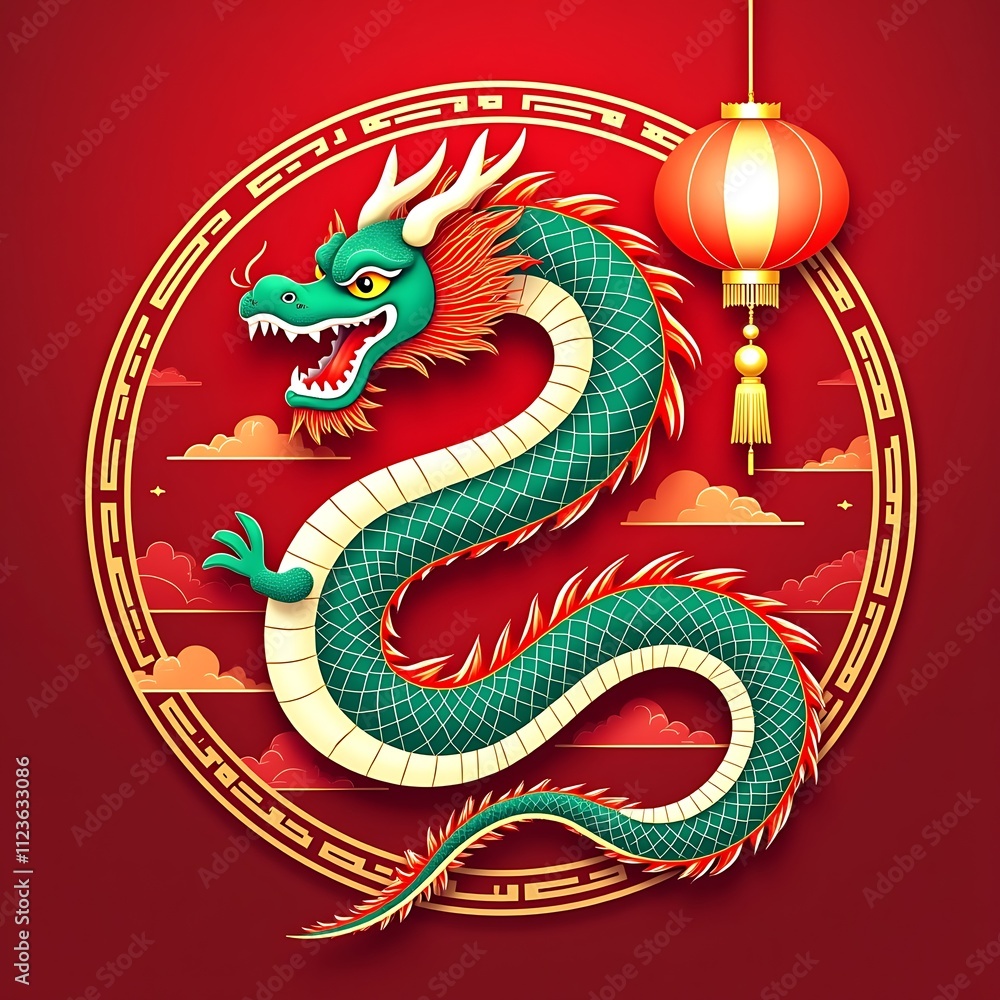 Fototapeta premium Design a vibrant 2025 Year of the dragon illustration for Chinese New Year featuring golden dragon motifs, traditional red lanterns, and floral patterns on a bold red background