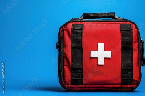 Red First Aid Kit with White Cross Symbol on Solid Blue Background