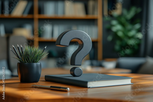 Leather-textured question mark placed on a wooden desk with books and plants, symbolizing mystery, learning, and intellectual curiosity in an elegant environment. photo