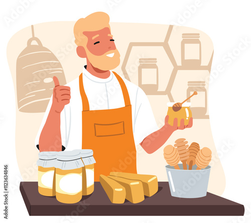 Small business owner selling honey in jar promoting organic homemade apiculture products scene