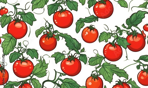 Illustration cartoon of red tomatoes on the vine, showcasing their rich color and natural appeal, perfect for adding charm to any artwork.