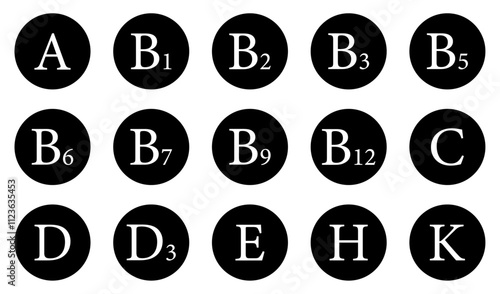 Set of multi vitamin complex vector icons black and white color. Multivitamin supplement. Healthy life concept.  Essential vitamins table vector illustration.