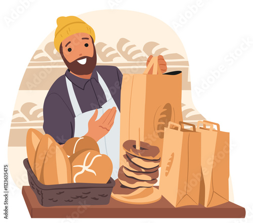 Professional baker man cartoon character advertising homemade bakery and pastry products scene