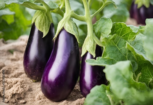 Ripe purple eggplants ready for harvest, showcasing their rich color and perfect texture, reflecting the culmination of healthy growth and natural farming practices. photo