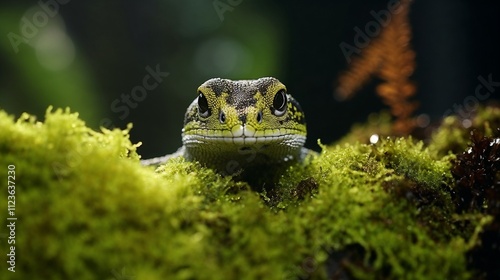 Close-up of a green gecko resting on moss in a dark forest background photo