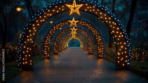 A beautiful archway adorned with glowing stars illuminates a path in a tranquil park setting, creating a warm ambiance during the winter evenings