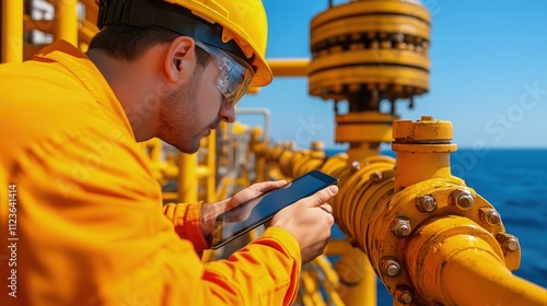 Offshore worker using tablet to inspect oil pipeline.