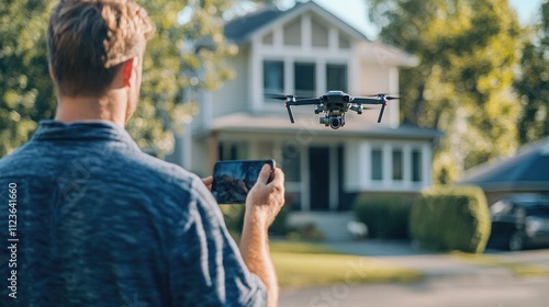 Man operates drone to photograph house.