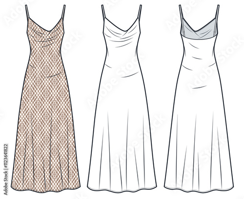 Slip Dress technical fashion illustration, geometrical pattern. Straps Dress fashion flat technical drawing template, halter, bias cut, maxi, front back view, white, mocha, women Dress CAD mockup set.