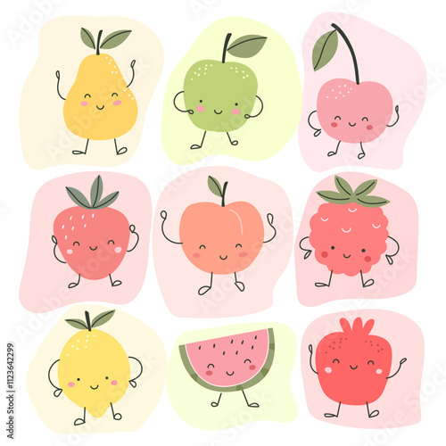 Set with cute fruits peach, lemon, pear, apple, strawberry, raspberry and pomegranate. Vector illustration for printing. Cute children's background. Food and drinks
