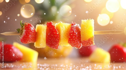 Fresh Fruit Skewer with Strawberry and Pineapple on Bright Background